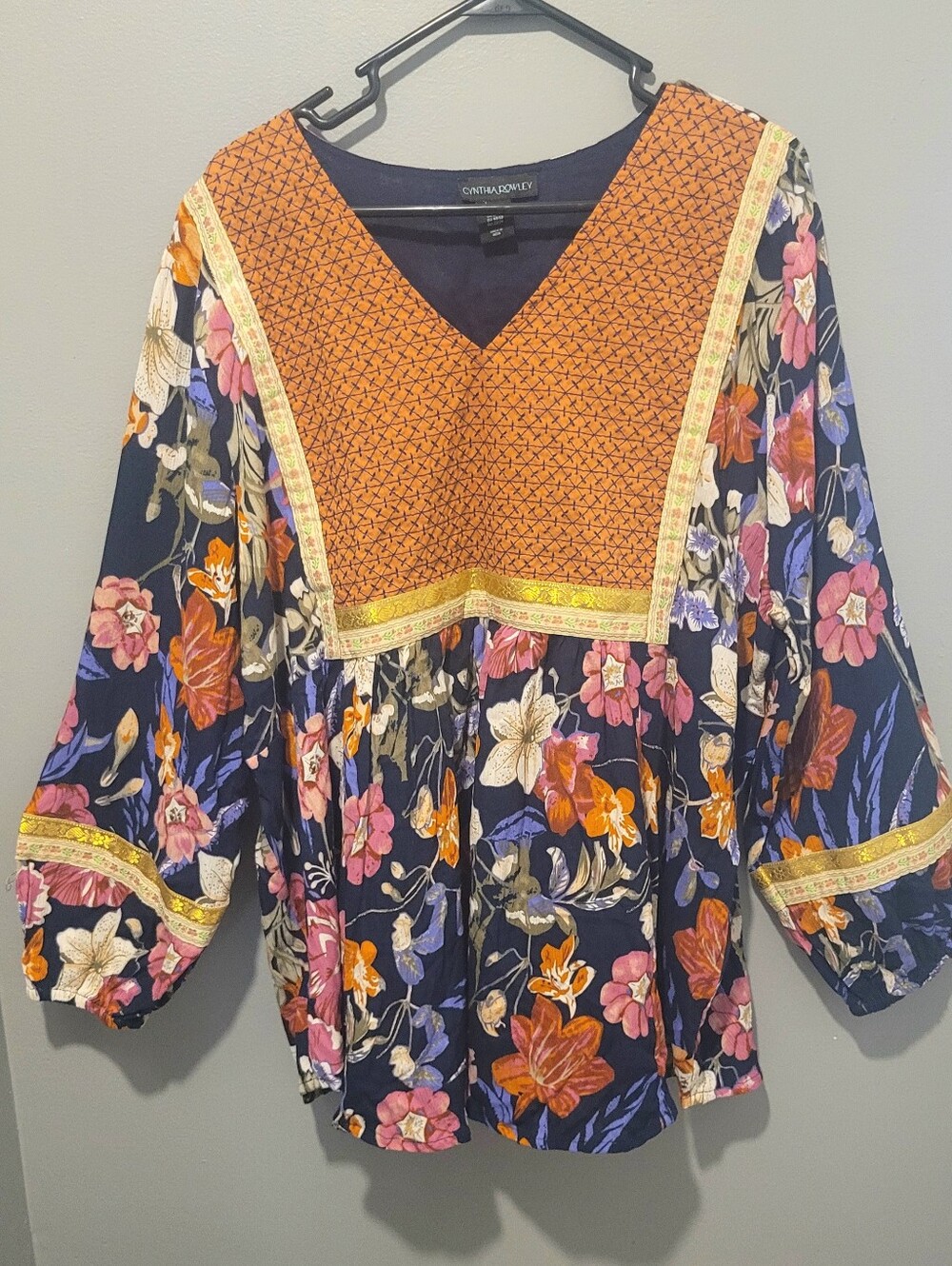 Cynthia Rowley Boho Navy Floral Embroired Tunic with Orange Geometric Yoke Sz 2x